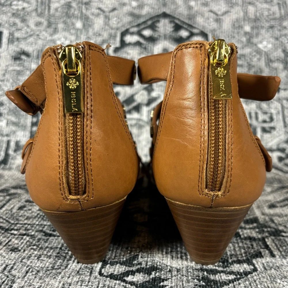 Isola Primrose chestnut‎ and gold gladiator wedge sandal size 7.5